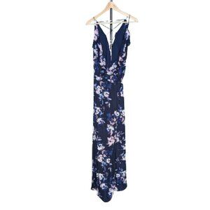 WAYF Navy Floral Wrap Maxi Dress with Crossed Back Straps and Flutter Neckline
